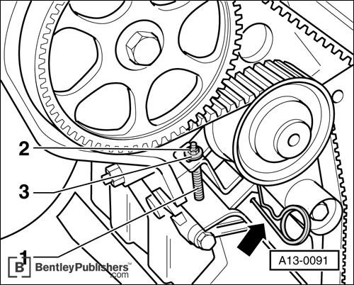 Removal and installation of timing belt and belt tensioner.(BentleyPublishers.com watermark not printed on actual product.)