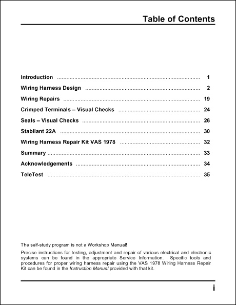 Volkswagen Wiring Harness Inspection & Repair Technical Service Training Self-Study Program Table of Contents