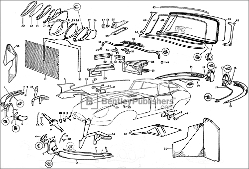 Body Fittings for fixed head coupe. Excerpted from Jaguar E-Type Series 1 3.8 Spare Parts Catalogue: 1961-1964, page 269.
(BentleyPublishers.com watermark not printed on actual product.)