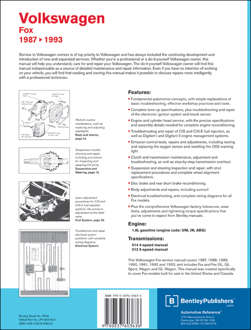 Volkswagen Fox Service Manual: 1987-1993 back cover